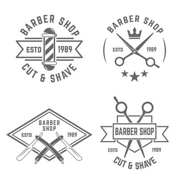 Barbershop set of vector monochrome labels on white background