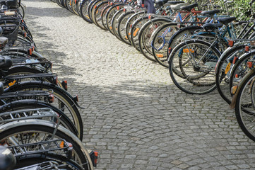 Rows of parked bicycles in Lund, Sweden
