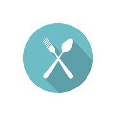 Crossed fork and spoon isolated vector flat round icon with long shadow