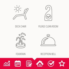 Reception bell, fountain and beach deck chair icons.