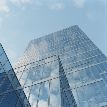 Exterior of modern office building, low angle view