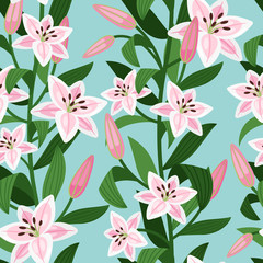 Pink lilies with leaves floral pattern