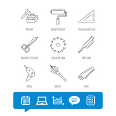 Scissors, paint roller and repair tools icons.