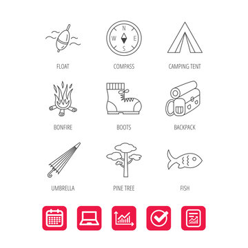 Pine tree, fishing float and hiking boots icons.