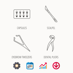 Scalpel, capsules and dental pliers icons.
