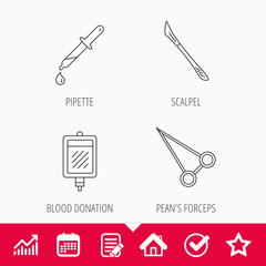 Blood donation, scalpel and pipette icons.