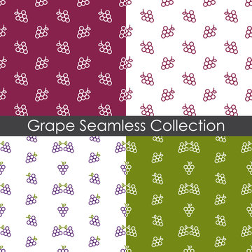 Set Of Grape Fruit Seamless Pattern Design In White, Purple And Green Colors. Illustration Of A Grape Vector Pattern Collection In Minimal Style.