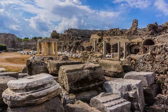 The ancient ruins of the city of Side. Side is an ancient Greek city on Mediterranean coast of Turkey. Antalya.