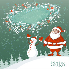 Vector Illustration of an Abstract Christmas Greeting Card with Snowman, Santa Claus and blizzard bubble for text with happy dogs on winter background.