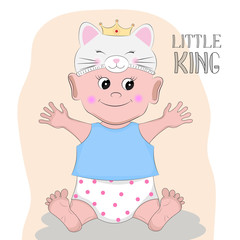 Obraz na płótnie Canvas Cute little king boy in a kitten hat on white background.