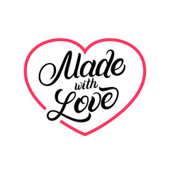 Made with Love hand written lettering label, badge with heart.