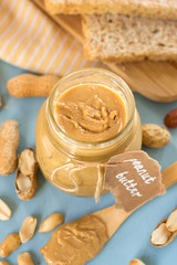 Homemade peanut butter from roasted peanuts in jar