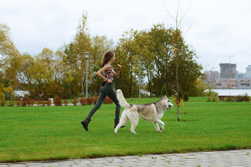 Girl playing with husky dog in city park. Jogging with dog.