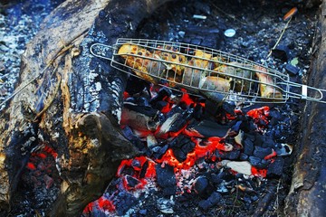 Obraz premium Fried fish grilled on the dying embers in open air. Concept of summer camping, barbeque, barbecue, barbecues and parties. Closeup.