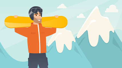 Happy caucasian man carrying snowboard on ski resort on the background of snow capped mountain. Vector flat design illustration. Horizontal layout with copyspace.