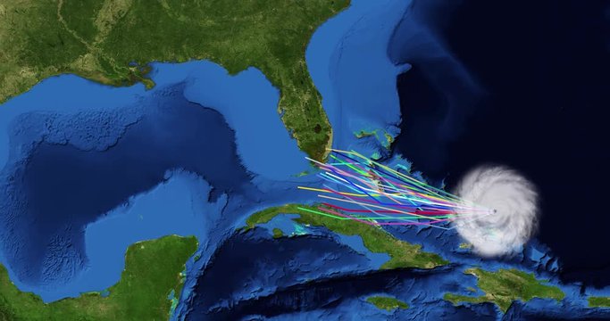 Spaghetti plot of a hurricane with landfall  at Florida's west coast. Two versions: zoom/no zoom. Data: USGS/NASA Landsat