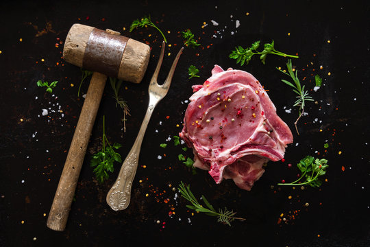 Seasoned raw pork steak