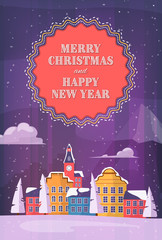 Merry christmas and Happy New Year winter Holiday post card with small city at night next to Mountain landscape