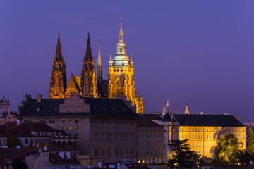 Fototapeta na wymiar Prague castle complex with st Vitus cathedral at evening. Traditional view on the Prague castle illuminated by lights.Prague. Hradcany. Czech Republic