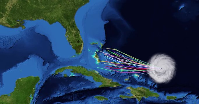 Spaghetti plot of a hurricane with landfall  at Florida. Two versions: zoom/no zoom. Data: USGS/NASA Landsat