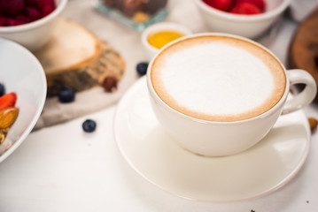 morning coffee breakfast, Cappuccino on white background. Good morning - healthy breakfast background