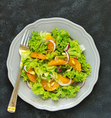 A plate of lettuce, with slices of orange, red onion, with vinaigrette dressing.