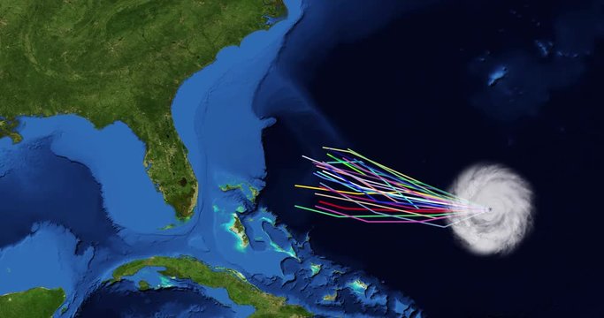 Spaghetti plot of a hurricane with landfall  at Florida's east coast. Two versions: zoom/no zoom. Data: USGS/NASA Landsat
