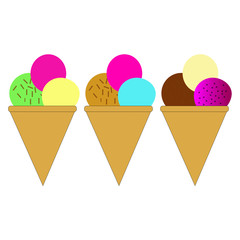 Three cones with ice cream.