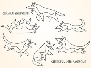 funny cute cartoon german shepherd dogs in various poses. Isolated vector illustration