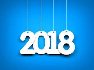 White word 2018 on blue background. New year illustration. 3d illustration