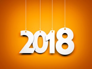 White word 2018 on orange background. New year illustration. 3d illustration