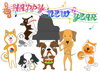 2018年の年賀状素材の犬のコンサート