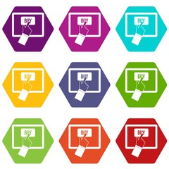 Online shopping icon set color hexahedron