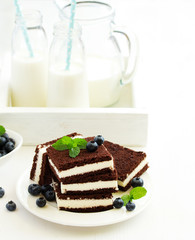 Delicate chocolate creamy cake with raspberries.