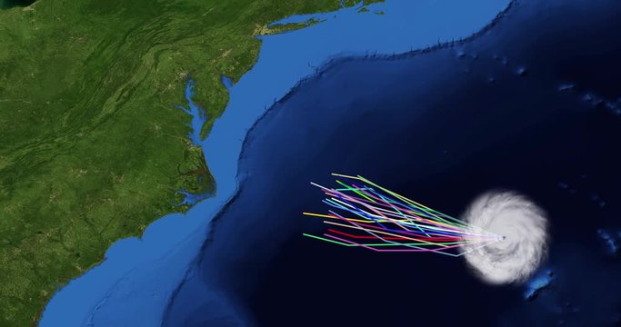 Spaghetti plot of a hurricane with landfall  at the Delmarva Peninsula. Two versions: zoom/no zoom. Data: USGS/NASA Landsat