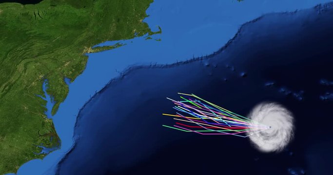 Spaghetti plot of a hurricane with landfall  at New York. Two versions: zoom/no zoom. Data: USGS/NASA Landsat