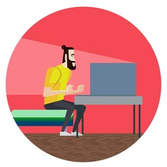 Funny Cartoon Character. Bearded Hipster Sitting in the Room and Working with Laptop. Vector Illustration