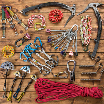 Climbing gear on a wooden floor
