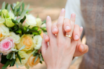 Bride and groom holding hands together tenderly wearing wedding rings
