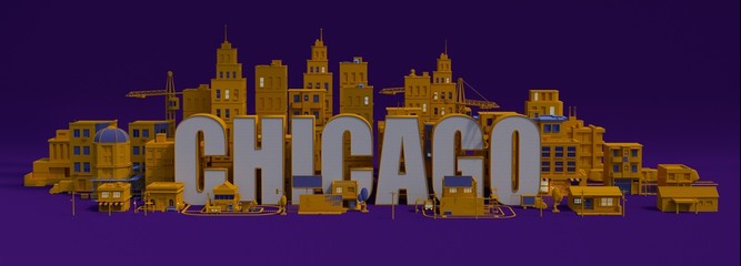 3d rendering city with buildings,  Chicago lettering name