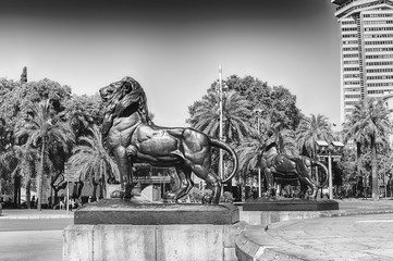 Lion statues of Columbus Monument, Barcelona, Catalonia, Spain