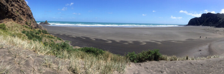 Aerial panoramic landscape view of Karekare beach New Zealand