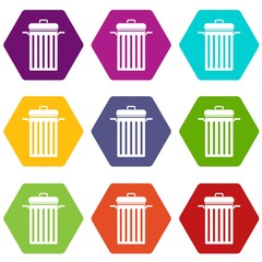 Metal trash can icon set color hexahedron