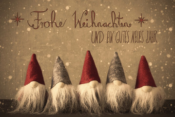 Gnomes, Snowflakes, Calligraphy Frohe Weihnachten Means Merry Christmas