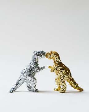 Silver and Gold Glittered T Rex Dinos Kiss