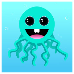 Funny octopus with big eyes on the blue background with bubbles. White frame