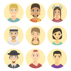 Cool avatars different nations people portraits ethnicity different skin tones ethnic affiliation and hair styles vector illustration.