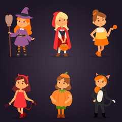 Cute kids wearing Halloween party costumes vector.