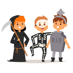 Cute kids wearing Halloween party costumes vector.