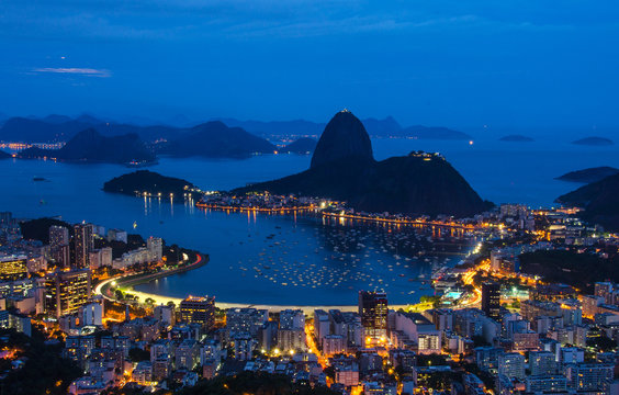 Night view of mountain Sugar Loaf and Botafogo in Rio de Janeiro